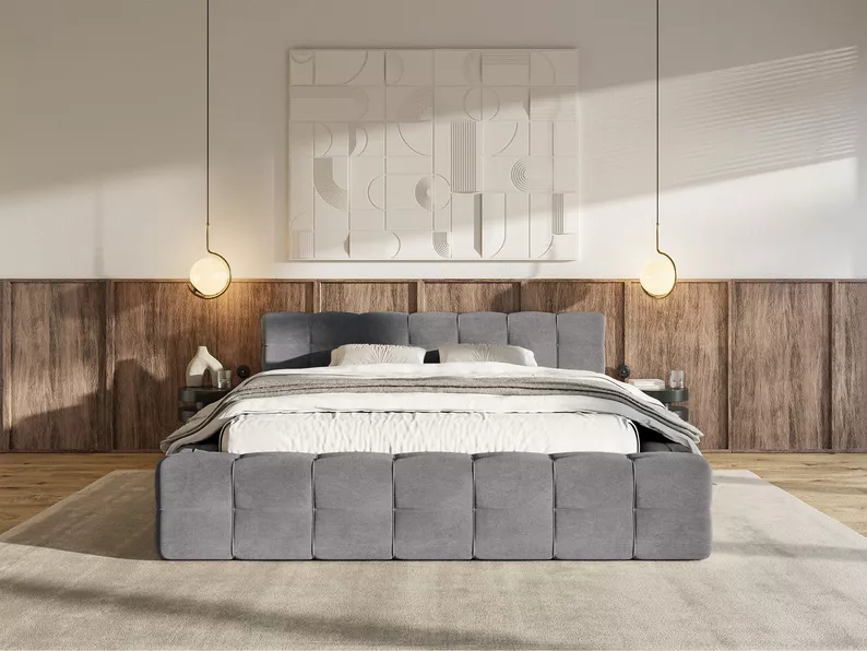 Łóżko tapicerowane Puffly 160x200 cm z pojemnikiem stelaż metalowy szary welur