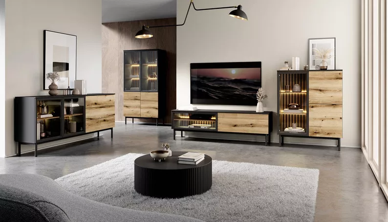 Szafka RTV Lang 150 cm z lamelami i oświetleniem LED czarny / dąb evoke