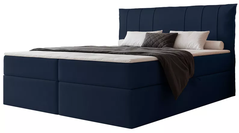 Łóżko kontynentalne 140x200 cm Moly z materacem bonellowym i topperem granatowe welur hydrofobowy