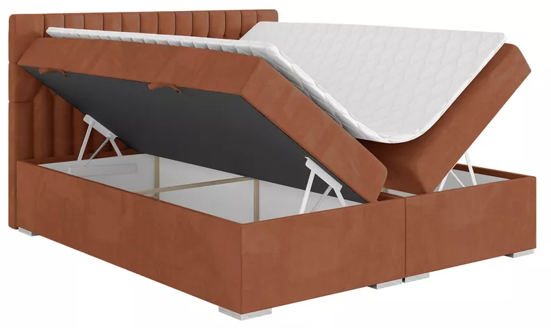 Łóżko kontynentalne 140x200 cm Persival z pojemnikami i topperem miedziane welur hydrofobowy