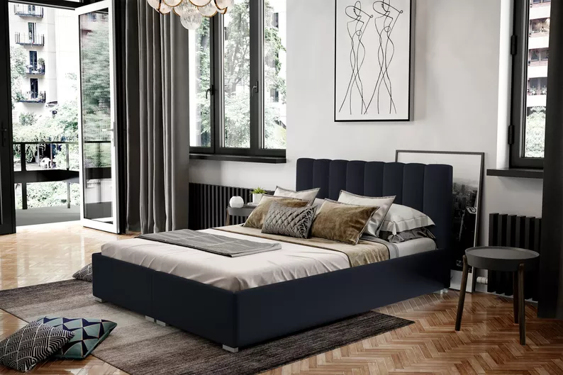 Łóżko tapicerowane 160x200 cm Romkino z pojemnikami grafitowe welur hydrofobowy