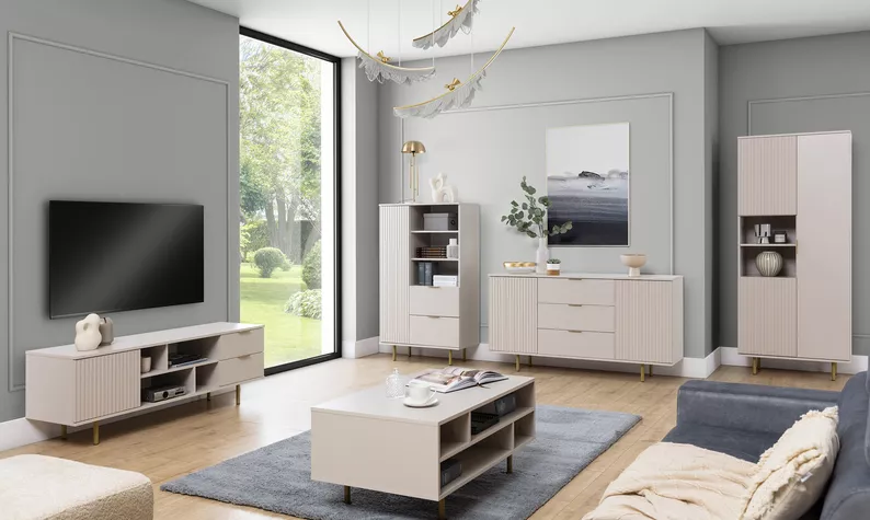 Komoda dwudrzwiowa Klazby 150 cm z trzema szufladami kaszmir lamele