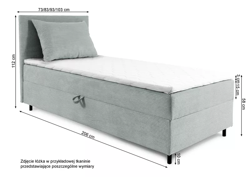 Łóżko kontynentalne jednosobowe Montigo Mini 80x200 cm z pojemnikiem, topperem i poduszką granatowe sztruks nogi czarne prawostronne