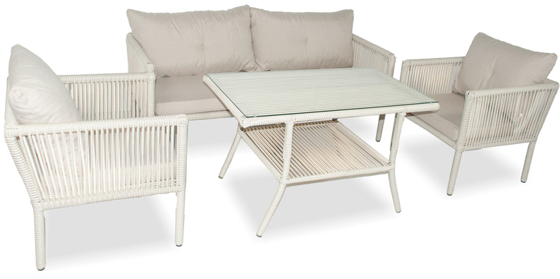 Zestaw mebli ogrodowych Blosset z sofą, dwoma fotelami i stolikiem 100 cm aluminium kremowy