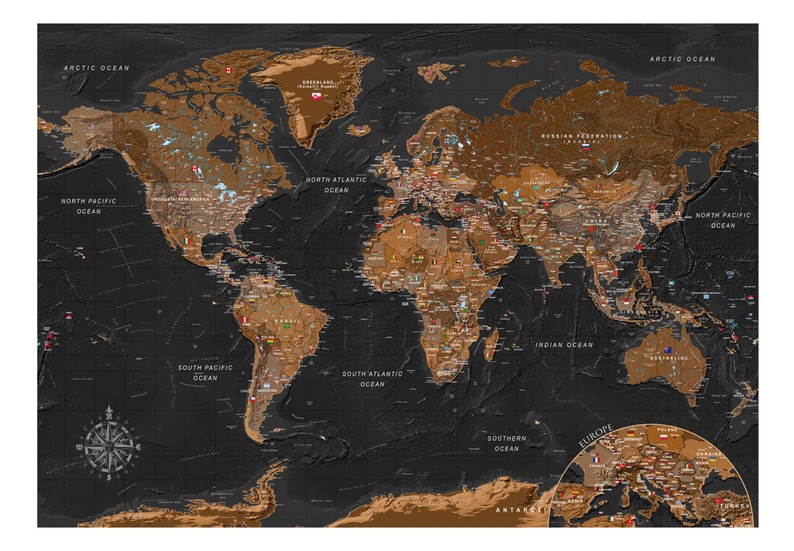 Fototapeta Czarno-brązowa stylowa mapa świata z flagami 400x280 cm