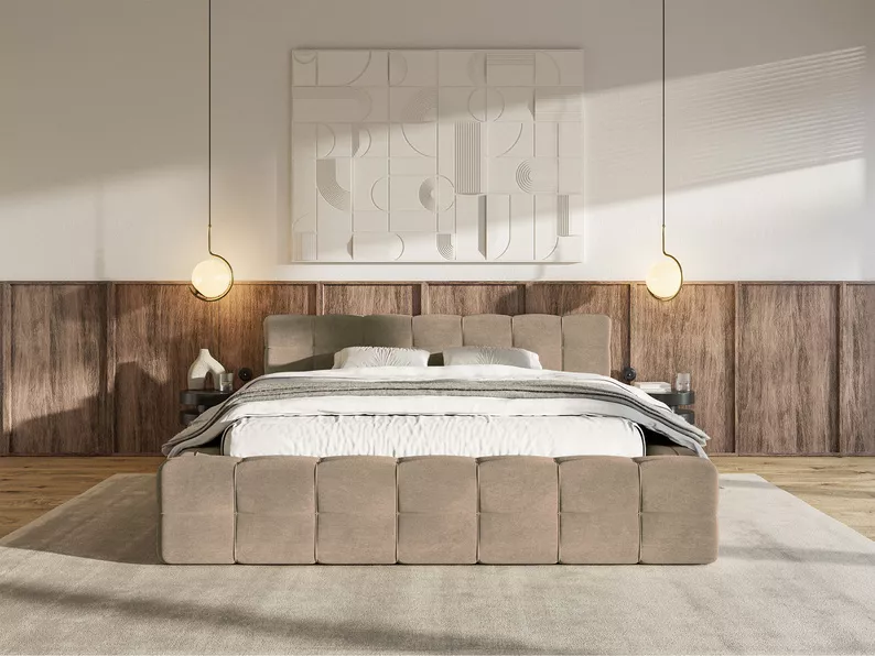 Łóżko tapicerowane Puffly 160x200 cm z pojemnikiem stelaż metalowy ciemnobeżowy welur
