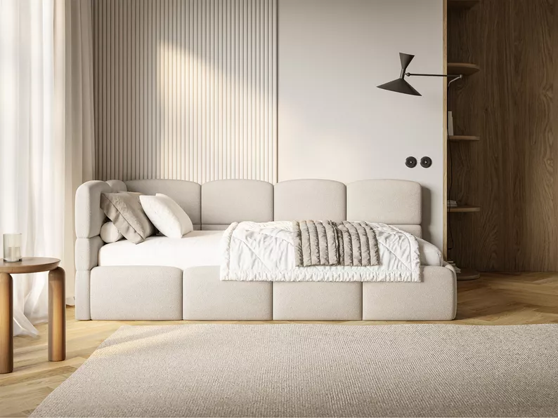 Łóżko młodzieżowe 90x200 cm Cloudy lewostronne z pojemnikiem kremowe szenil