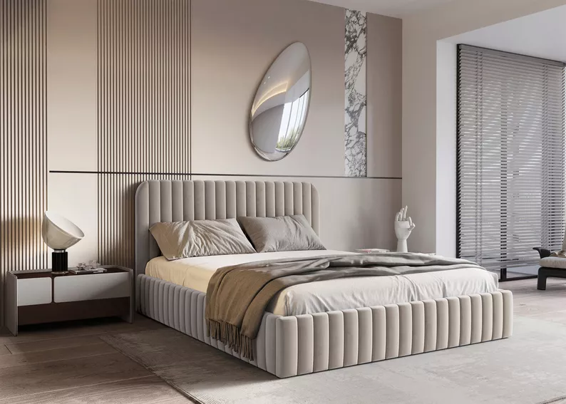 OUTLET - Łóżko tapicerowane Saliano beżowe 180x200 z pojemnikiem stelaż metalowy podnośnik gazowy welur
