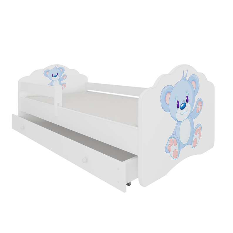 Łóżko dziecięce Sissa 160x80 cm Niebieski Miś z barierką i szufladą