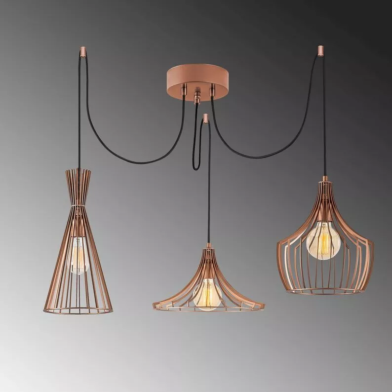 Lampa wisząca Tojil x3 na okrągłej podsufitce miedziana