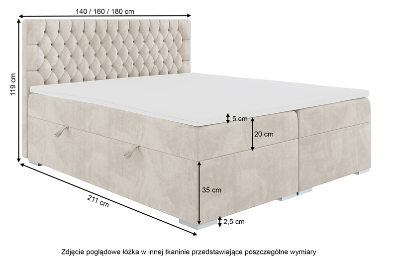 Łóżko kontynentalne 140x200 cm Persival z pojemnikami i topperem szarobeżowe welur