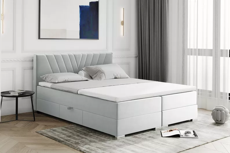 Łóżko kontynentalne 160x200 cm Caldana z pojemnikami i topperem jasnoszare