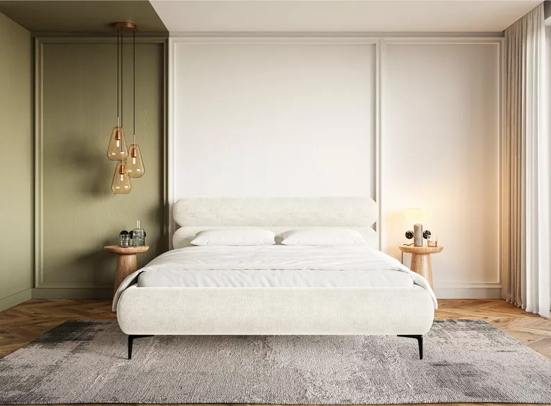 Łóżko tapicerowane 160x200 cm Roule kremowe szenil nóżki czarne