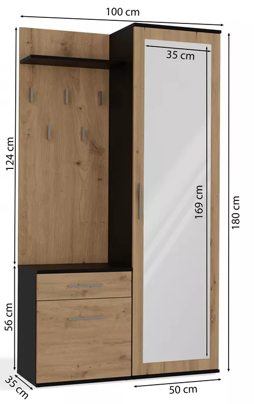Zestaw do przedpokoju Duvio z szafą i lustrem 100 cm dąb artisan / antracyt