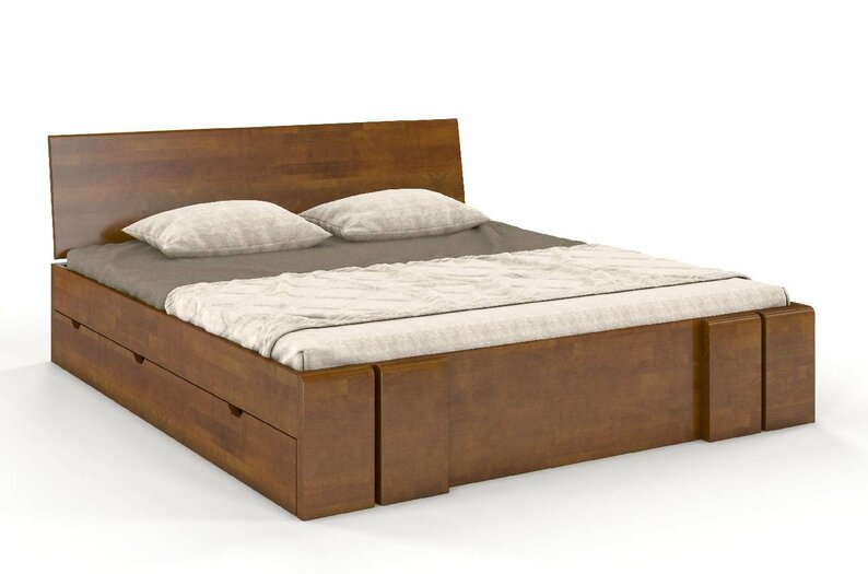 Łóżko Loke z drewna bukowego z czterema szufladami 180x200 cm Orzech