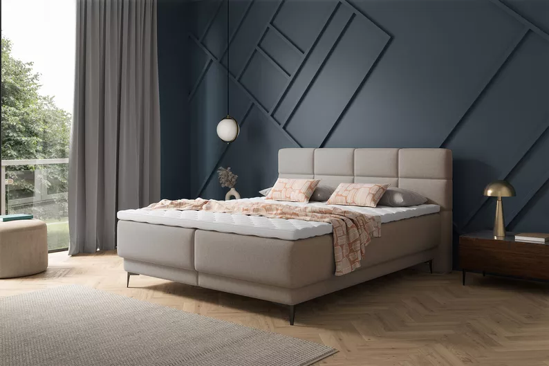 Łóżko kontynentalne 180x200 cm Rektango z pojemnikiem i topperem beżowy welur