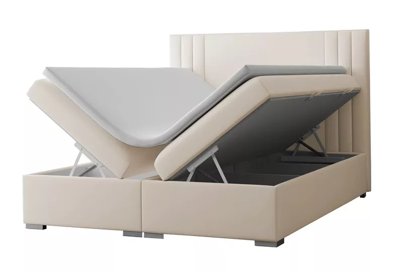 Łóżko kontynentalne 160x200 cm Monder z pojemnikami i topperem beżowe welur hydrofobowy