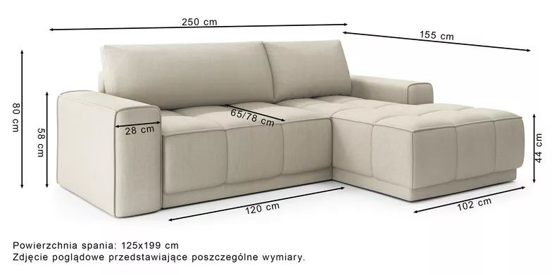 Narożnik z funkcją spania Monet L-kształtny lewostronny z pojemnikiem kremowy welur hydrofobowy