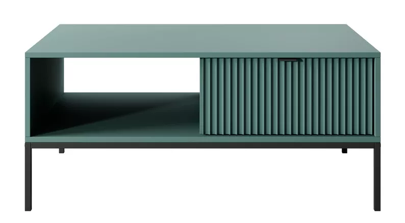 Ława kawowa Vellore 104x68 cm zielona z ryflowanym frontem, czarnymi uchwytami i stelażem