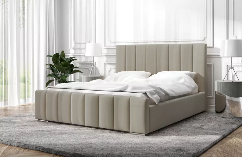 Łóżko tapicerowane Makonis 160x200 cm z pojemnikiem jasnobrązowe welur stelaż metalowy
