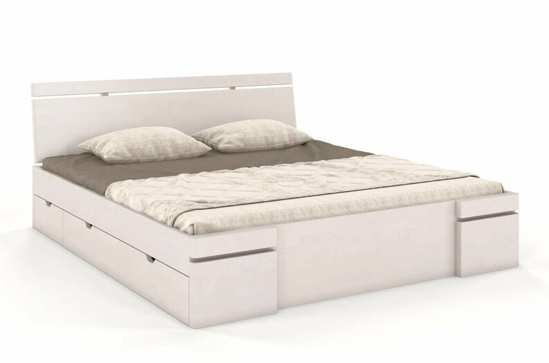 Łóżko Lopar z drewna bukowego z czterema szufladami 160x200 cm Bielony