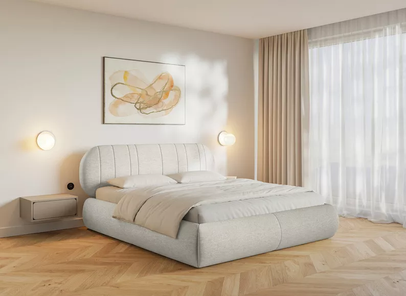 Łóżko tapicerowane 180x200 cm Asmelio z pojemnikiem stelaż metalowy kremowe plecionka