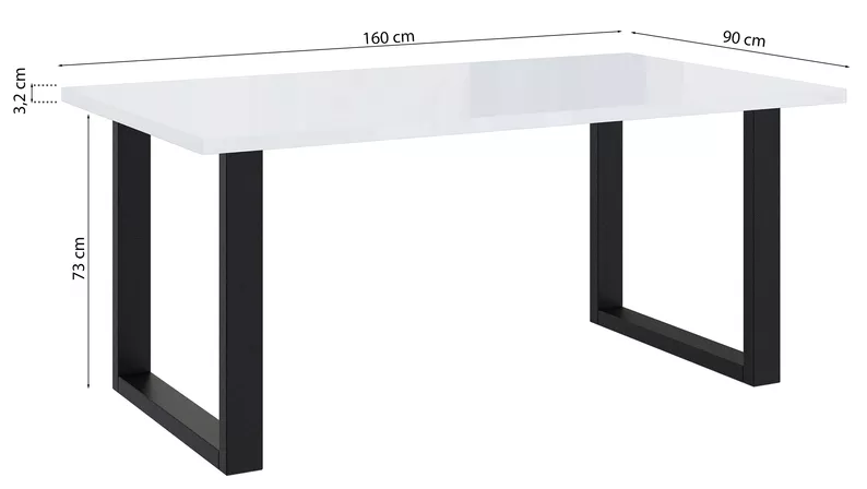 Stół Brooklyn 160x90 cm biały połysk z czarnymi nogami w kształcie U