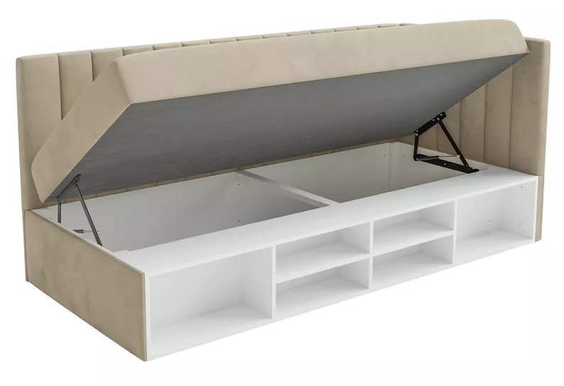 Łóżko młodzieżowe 90x200 cm Ventrio prawostronne z pojemnikiem i półkami szarobeżowe welur hydrofobowy łatwoczyszczący