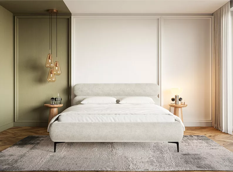 Łóżko tapicerowane 180x200 cm Roule z pojemnikiem stelaż metalowy szarobeżowe szenil nóżki czarne