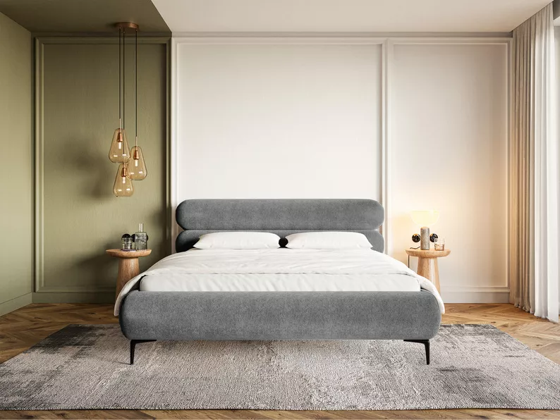 Łóżko tapicerowane 180x200 cm Roule z pojemnikiem stelaż metalowy szare welur hydrofobowy nóżki czarne