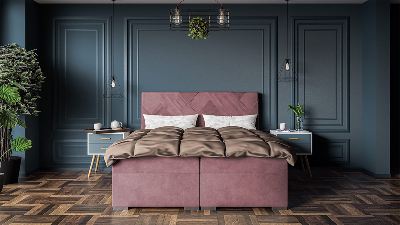 Łóżko kontynentalne 160x200 cm Lestrangie z pojemnikami i topperem różowe welur hydrofobowy