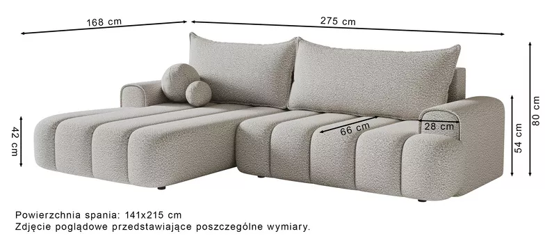 Narożnik z funkcją spania Dandelino L-kształtny lewostronny z pojemnikiem szary boucle