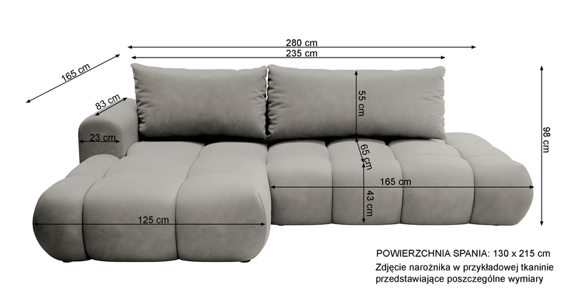 Narożnik z funkcją spania Ombo kremowy L-kształtny z pojemnikiem w tkaninie łatwoczyszczącej plecionka prawostronny