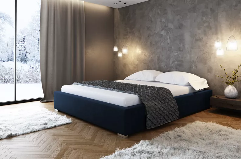 Łóżko tapicerowane Plene 120x200 ze stelażem metalowym i pojemnikiem granatowe hydrofobowe