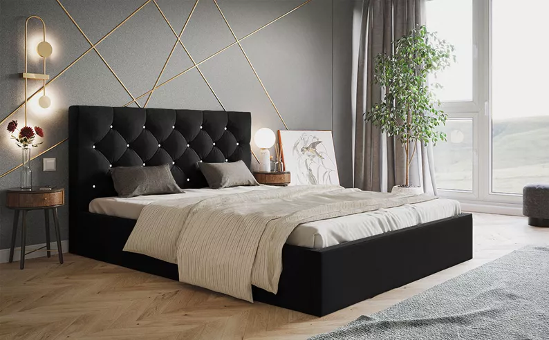 Łóżko tapicerowane 180x200 cm Bellaris z pojemnikiem i pikowaniem kryształkami czarne