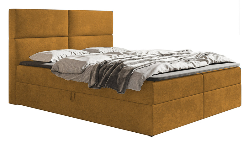 Łóżko kontynentalne 140x200 cm Balzetti z poziomymi panelami na wezgłowiu z pojemnikami i topperem materac pocketowy musztardowe