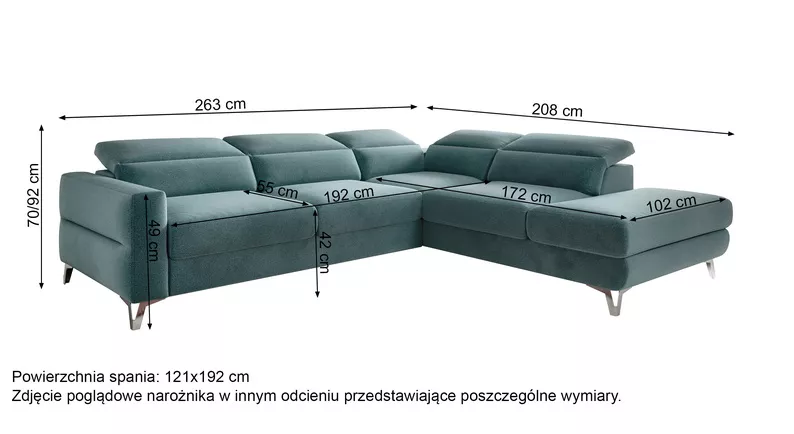 Narożnik z funkcją spania Pomello L-kształtny z pojemnikiem i regulowanymi zagłówkami jasnobeżowy welur łatwoczyszczący lewostronny