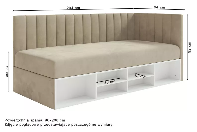 Łóżko młodzieżowe 90x200 cm Ventrio lewostronne z pojemnikiem i półkami szarobeżowe welur hydrofobowy łatwoczyszczący