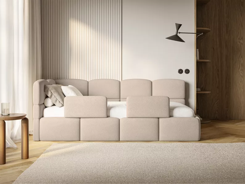 Łóżko młodzieżowe 90x200 cm Cloudy lewostronne z pojemnikiem i barierkami beżowe szenil