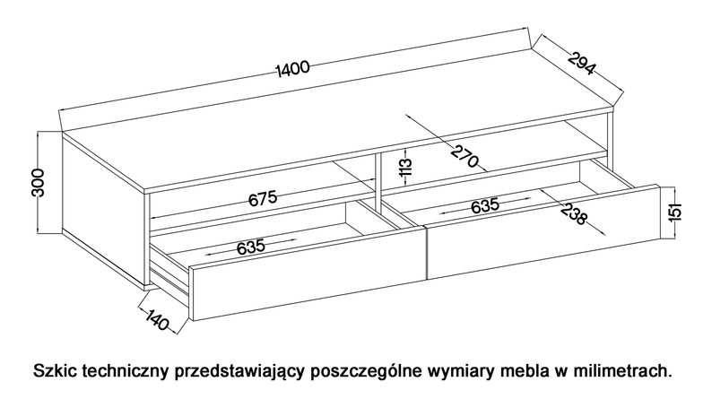 Szafka RTV z dwiema szufladami Rednaw 140 cm Dąb wotan / Szary połysk 