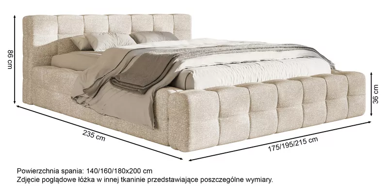 Łóżko tapicerowane Puffly 180x200 cm z pojemnikiem stelaż metalowy kremowy szenil