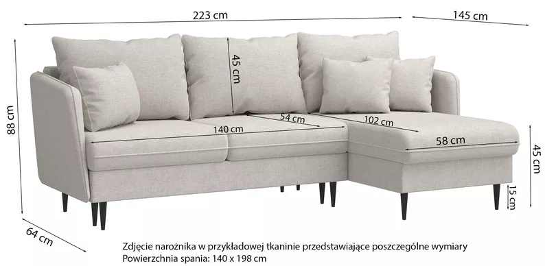 Narożnik z funkcją spania Volio L-kształtny szary szenil nogi czarne