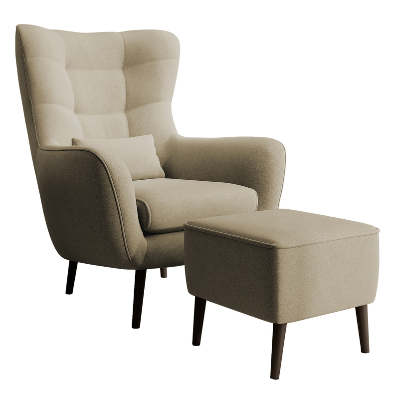 Fotel wypoczynkowy z podnóżkiem uszak Vence beżowy w tkaninie  łatwoczyszczącej welur nóżki czarne - Selsey