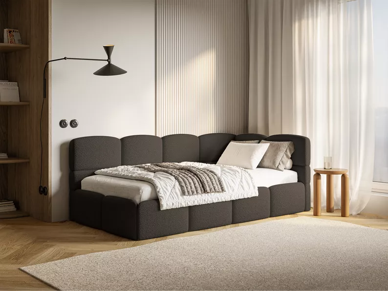 Łóżko młodzieżowe 90x200 cm Cloudy prawostronne z pojemnikiem i barierkami brązowe boucle