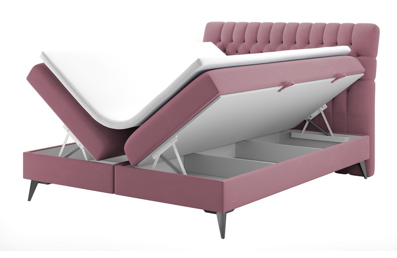 Łóżko kontynentalne 180x200 cm Rubeuz z pojemnikami i topperem różowe welur hydrofobowy