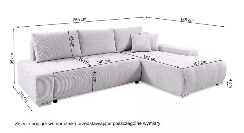 Narożnik z funkcją spania Magliano L-kształtny z pojemnikiem ciemnobeżowy sztruks lewostronny