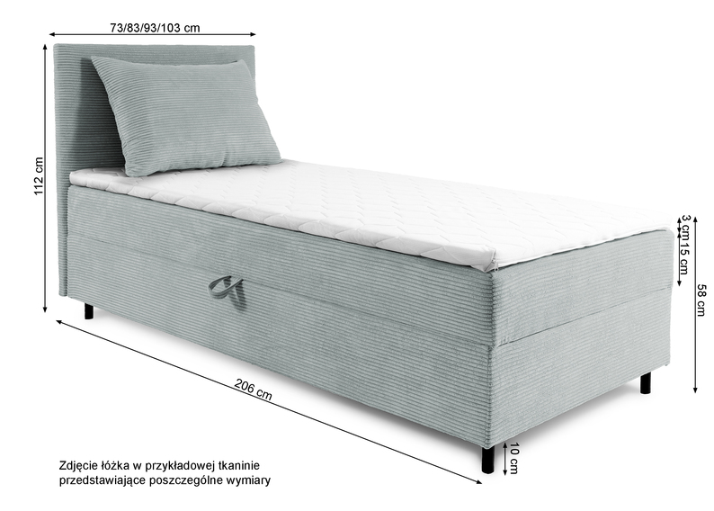 Łóżko kontynentalne jednosobowe Montigo Mini 100x200 cm z pojemnikiem, topperem i poduszką kremowe sztruks nogi czarne prawostronne