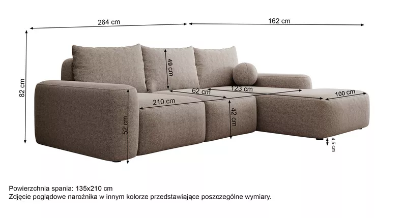 Narożnik z funkcją spania Carnos L-kształtny z piłką, pojedyncze poduszki szary szenil hydrofobowy lewostronny