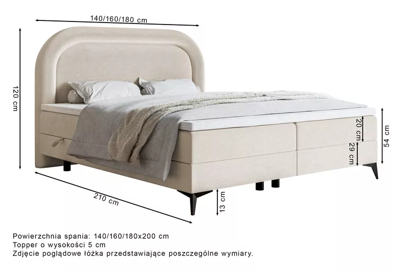 Łóżko kontynentalne 180x200 cm Loreo z topperem i pojemnikami szarobeżowe welur hydrofobowy