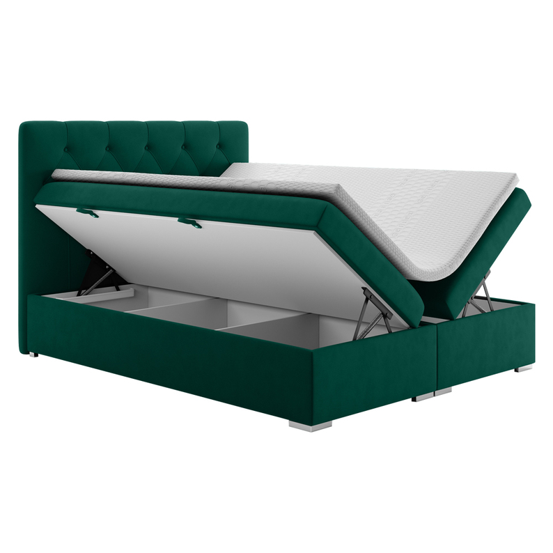 Łóżko kontynentalne 160x200 cm Lubekka z pojemnikami i topperem zielone welur hydrofobowy